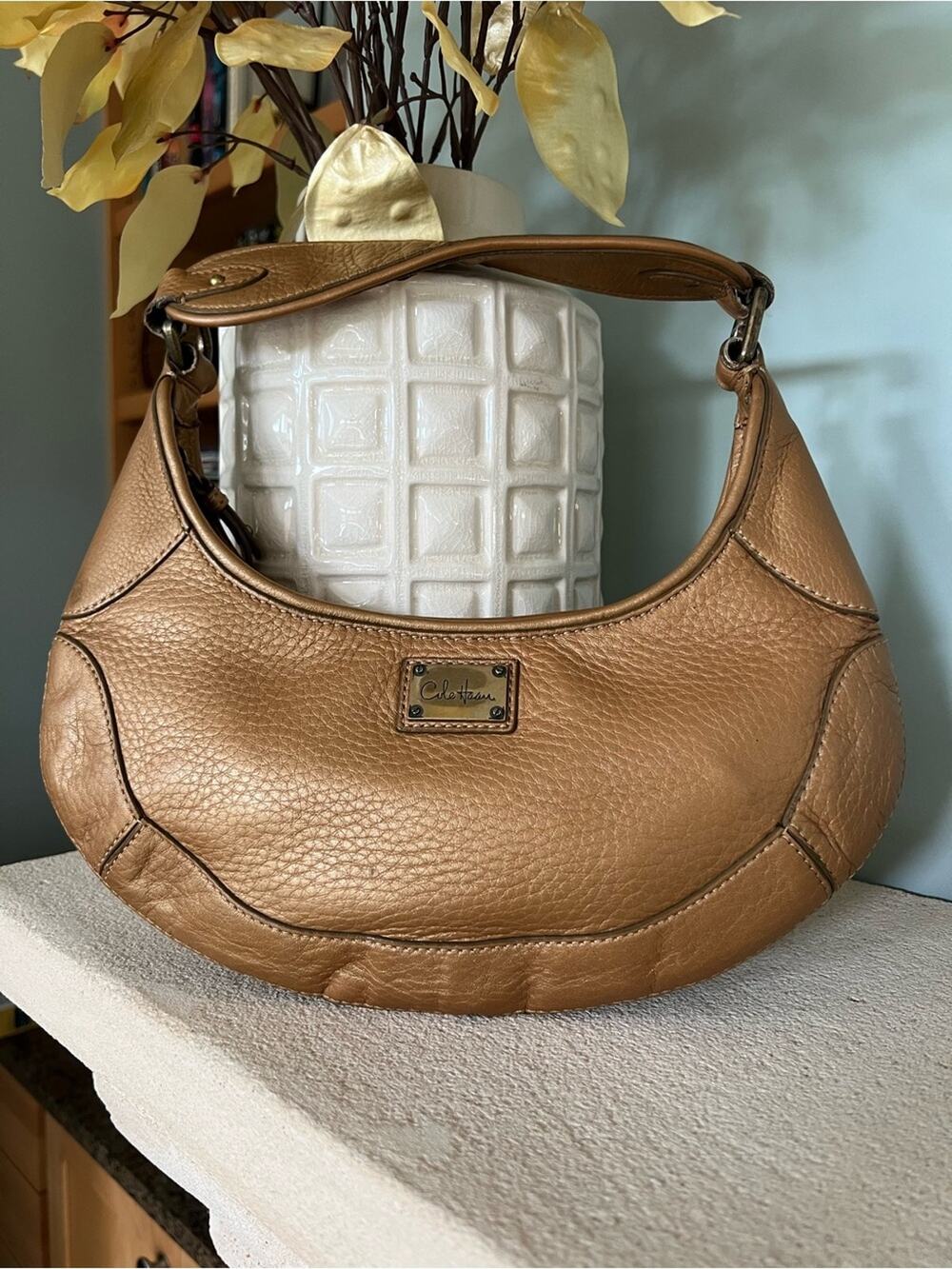 Cole Haan Metallic Bronze / Gold Pebbled Leather Crescent Shoulder Bag